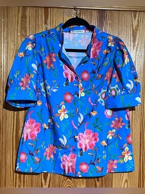Jules & James "Olga" Royal Blue Floral Button Up Shirt Puff Short Sleeves NWOT
